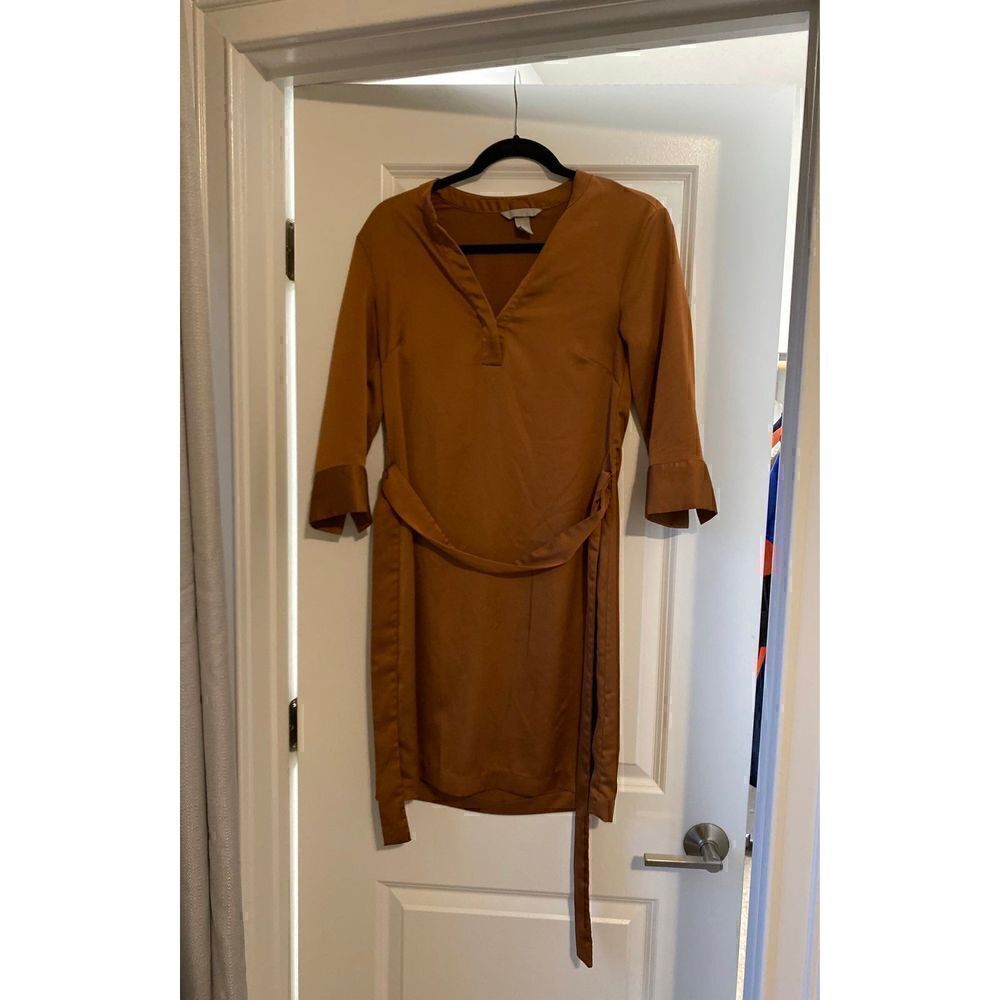 BrownāRustĀ SilkāTieāWaistāBeltāShiftāSheathāDressā3/4āsleeve